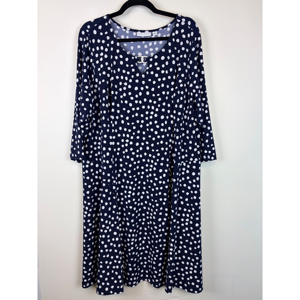 Susan Graver Midi Dress 2X Navy Blue Polka Dot 3/4 Sleeve V-Neck Stretch A-Line